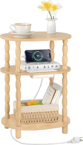 Vista 10 de MaxSmeo Mesa auxiliar negra, mesa auxiliar ovalada pequeña de 3 niveles, mesita de noche moderna, mesa decorativa de madera para sala de estar, Negro