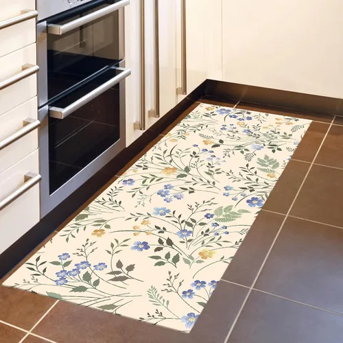 Vista 5 de LB Tapetes de cocina florales azules para cojines de piso, tapete de cocina antifatiga, diseño de flores silvestres sobre beige, juego de 2