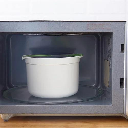 Vista 8 de Arrocera de microondas de 2 litros, utensilios de cocina para microondas con tapa y colador, olla de vapor de arroz para microondas PP de grado