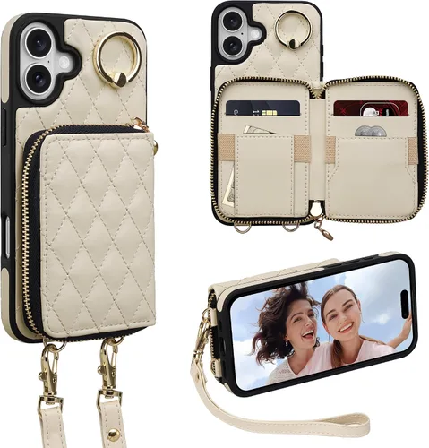 Vista 35 de Funda para iPhone 12 Pro/iPhone 12 de 6.1 pulgadas, cartera cruzada con cremallera para mujer, tarjetero con bloqueo RFID, funda de cuero con Negro