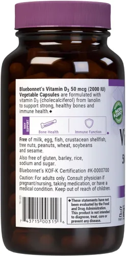 Vista 3 de Bluebonnet Nutrición Vitamina D3 2000 UI Cápsulas Vegetales, Ayuda en el Crecimiento Muscular y Esquelético, Colecalciferol de Lanolina, D3, sin