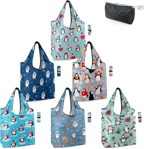 Vista 56 de BeeGreen Bolsas de comestibles reutilizables de Navidad con bolsa de almacenamiento con cremallera, paquete de 10 bolsas de compras reutilizables a