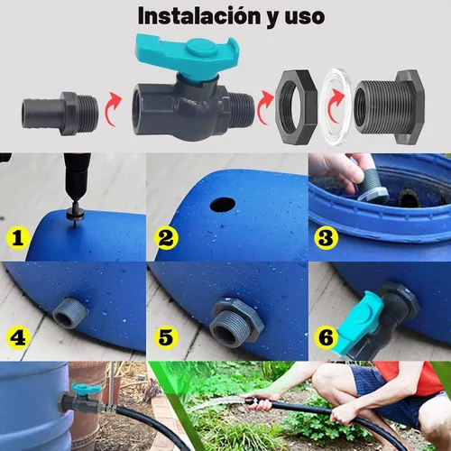 Vista 9 de Kit de grifo de PVC con espita de barril de lluvia con accesorio de mamparo, válvula de bola, adaptador de púas de manguera de jardín, abrazaderas