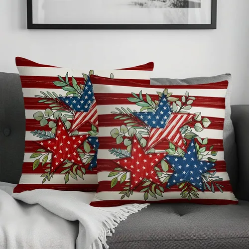 Vista 49 de Juego de 2 fundas de almohada de 16 x 16 pulgadas, diseño patriótico de bandera estadounidense con estrellas para exteriores, estilo casa de campo