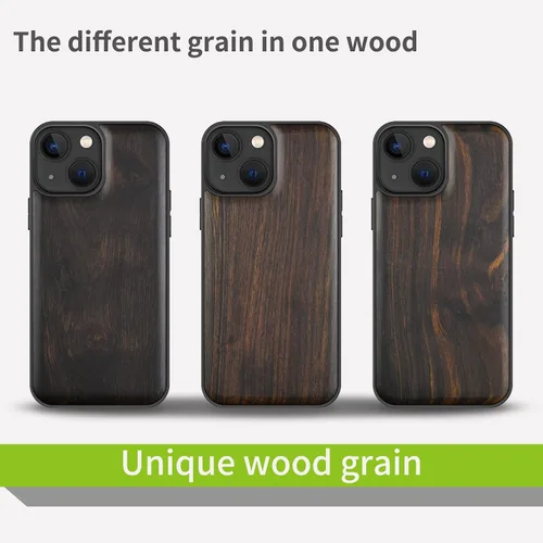 Vista 6 de Carveit Funda magnética de madera para iPhone 13 Mini [madera natural y TPU suave negro] funda protectora de madera única y elegante a prueba