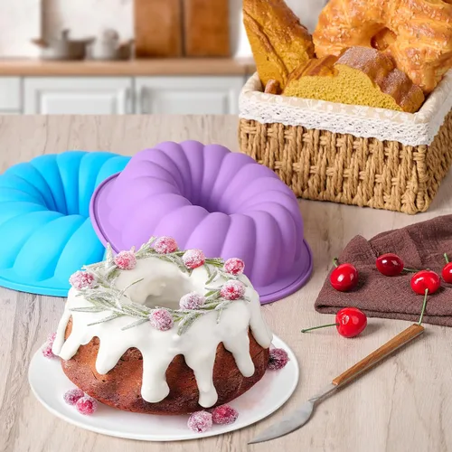 Vista 3 de Pack de 2 moldes de silicona para pastel, moldes antiadherentes de 20 y 25 cm para pastel de bundt, moldes para hornear gelatina, gelatina, brownie