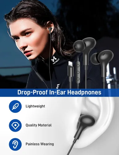Vista 3 de iMangoo Auriculares con certificación MFi de Apple para audífonos con cable Lightning, auriculares magnéticos con graves HiFi, 3 almohadillas