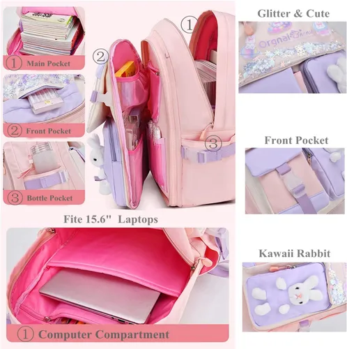 Vista 4 de SUNNY SHOP School Backpacks for Girls Waterproof Backpack Kawaii Cute Kids Backpack Elementary School Bookbag Pink