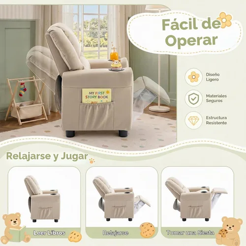 Vista 8 de Silla reclinable de piel sintética para niños, sofá reclinable para niños Beige