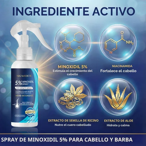 Vista 3 de Minoxidil 5% para hombres (4.1 fl oz), spray avanzado de minoxidil con provitamina B5 y extracto de semilla de ricino, suero de extracto