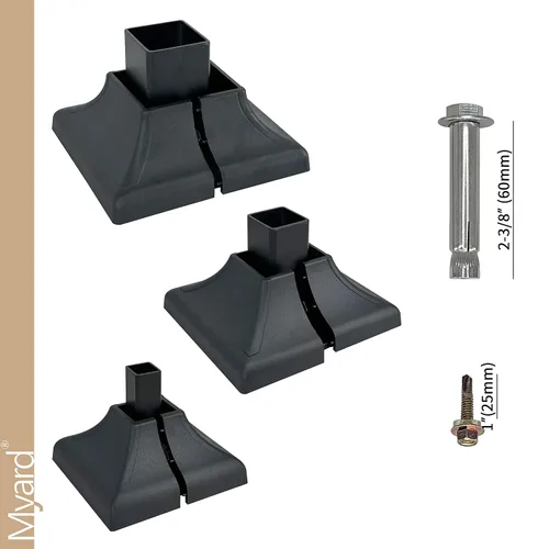 Vista 5 de Kit de brida de base de cerca de acero resistente para postes cuadrados de 1 pulgada, juego completo con 1 base, 1 cubierta entrelazada, 4 pernos