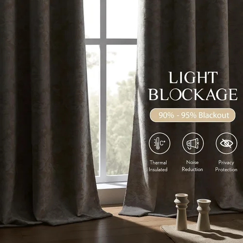 Vista 3 de Beauoop - Cortinas opacas beige con diseño floral jacquard, 2 paneles, para dormitorio/sala, de felpilla, gris pardo, aislantes y a prueba de ruido