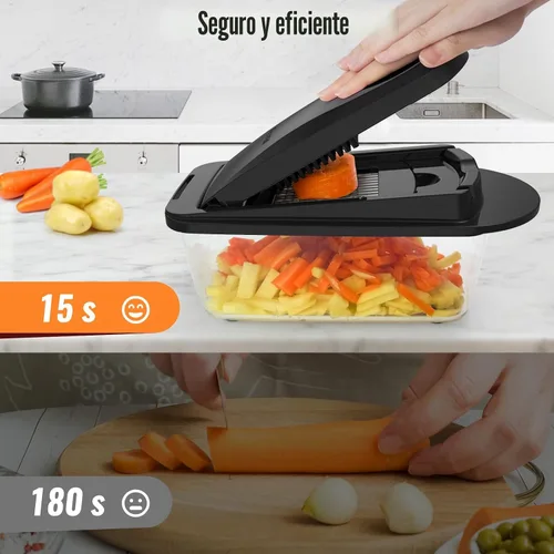 Vista 7 de Picador de verduras todo en uno de 8 cuchillas con contenedor, picador de alimentos, picador de cebolla, cortador de verduras para ensalada, Negro