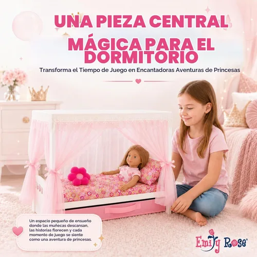 Vista 6 de Emily Rose Cama con dosel de princesa de 18 pulgadas, madera blanca con cortinas de tul rosa, juego de ropa de cama de 5 piezas y cajón