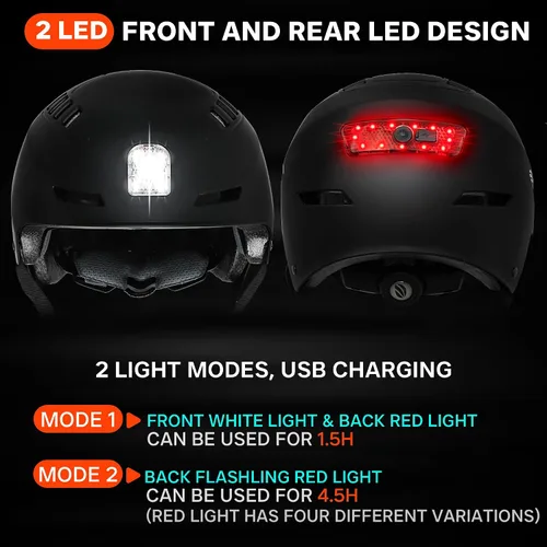 Vista 3 de DKONI Casco de bicicleta con luces LED, casco de bicicleta para viajeros, casco de ciclismo recargable por USB, casco de luz LED frontal y trasera