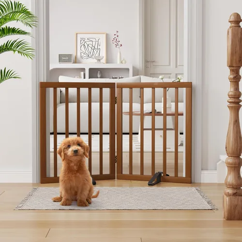 Vista 40 de Semiocthome Puertas de bambú para perros para interiores, puertas independientes de 2 paneles para cachorros para la casa con 2 soportes de metal