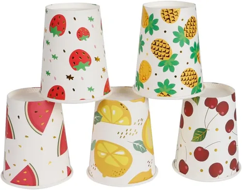 Vista 6 de Geeklife Vasos de papel de cereza dorada, 9 onzas de papel de cerezas, frutas y cerezas, desechables, vasos de papel decorativos a granel, 40