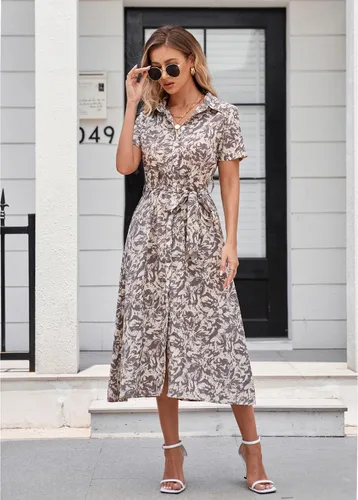 Vista 2 de BROVAVE Vestido camisero de manga corta de verano para mujer, con lazo en la cintura, botones, textura de animales, vestido midi casual