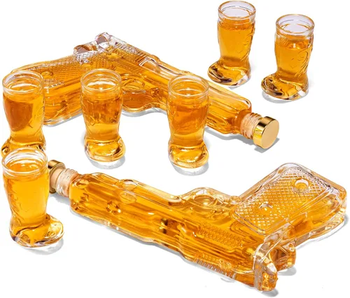 Vista 4 de Juego de decantador de pistola y vasos de chupito para fiesta, decantador de pistola de whisky y vaso de chupito, vertedores y tapón, 2 decantadores