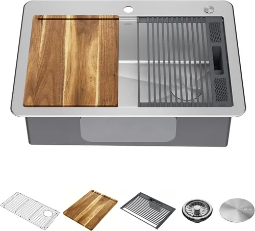 Vista 20 de DELTA FAUCET Lorelai - Lavaplatos de estación de trabajo de barra de 17 pulgadas para cocina, montaje bajo encimera, acero inoxidable calibre 16