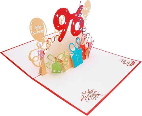 Vista 5 de iGifts And Cards Tarjeta desplegable 3D de cumpleaños 96, regalos coloridos y celebración de hitos de globos, saludo sincero para personas mayores