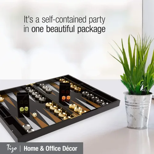 Vista 5 de TIZO Elegante juego de backgammon de Lucite negro de 18 pulgadas, chips de Lucite y tazas con cierre magnético, decoración elegante y práctica