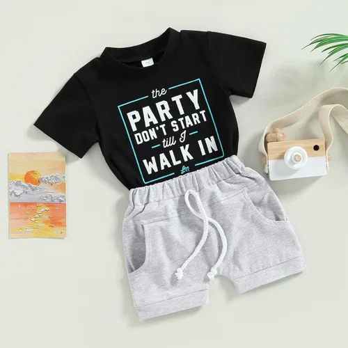 Vista 88 de Conjunto de traje de verano para bebé niño pequeño, manga corta, cuello redondo, letras impresas, lindo traje de verano, conjunto de 2 piezas