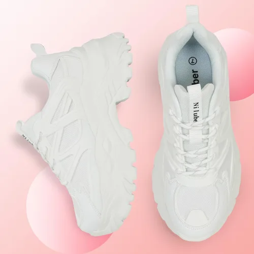Vista 2 de Zapatos deportivos gruesos para mujer, con plataforma de malla blanca, cómodos, transpirables, informales, a la moda, para correr