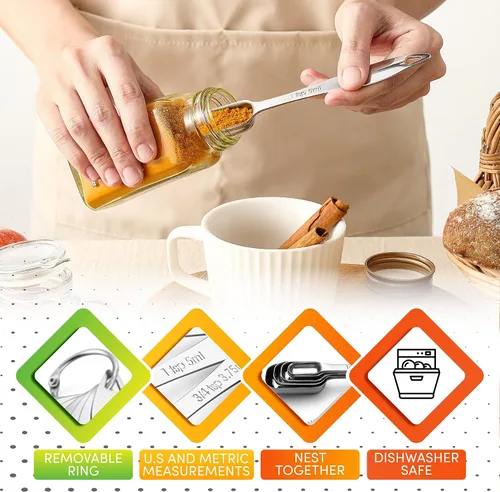 Vista 6 de Spring Chef - Juego de 6 cucharas medidoras apilables de acero inoxidable con nivelador Rectangular Metric Metal Teaspoon & Tablespoon Measuring