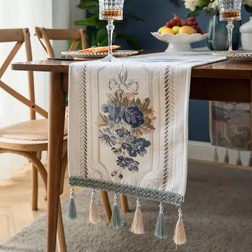Vista 4 de Camino de mesa de lujo bordado, largo camino de mesa de comedor, elegante bufanda de jacquard con borlas múltiples para decoración de mesa