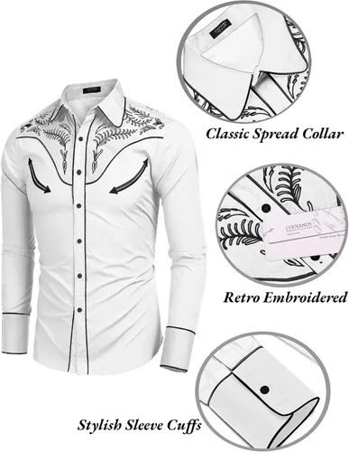 Vista 5 de COOFANDY - Camisa vaquera occidental para hombre de algodón, casual, de manga larga, con botones