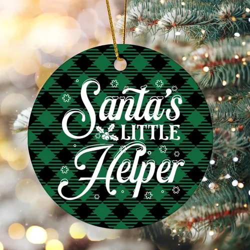 Vista 2 de Santa's Little Helper - Adorno de Navidad de cerámica con cita redonda para decoración del árbol de Navidad, recuerdo de Navidad coleccionable