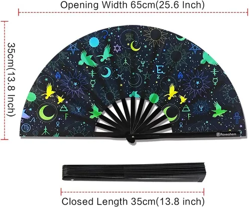 Vista 4 de Ventilador plegable grande, ventilador Clack Rave de 13 pulgadas, ventilador de mano para mujeres y hombres con tela de satén de alta calidad, marco