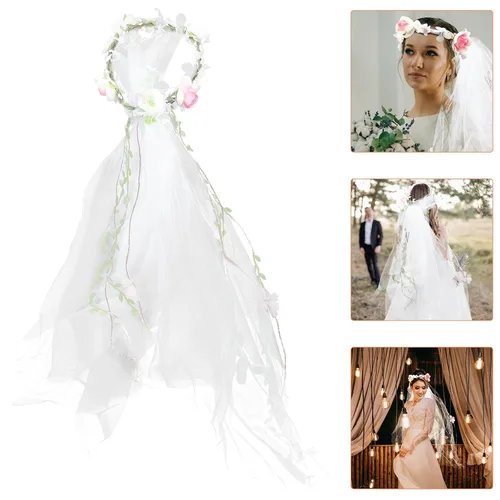 Vista 8 de Minkissy Diadema de velo de novia, diadema de velo blanco, corona de flores con cinta ajustable para mujer