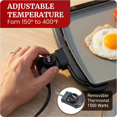 Vista 4 de Elite Gourmet Plancha eléctrica de 10 x 20 pulgadas, superficie antiadherente Ceralast™ de cerámica grande sin PFAS, asas de tacto frío, termostato