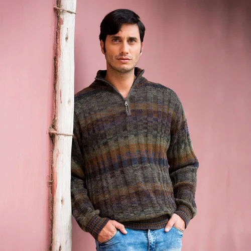 Vista 2 de NOVICA Artisan - Cárdigan de lana de alpaca peruana para hombre, hecho a mano, con cremallera, multicolor