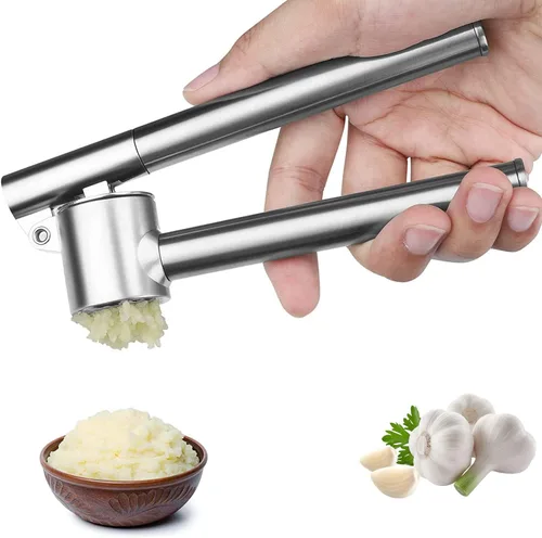 Vista 8 de Prensa de ajos, picadora y trituradora de ajos, juego de prensa de ajo de acero inoxidable para cocina con cepillo y pelador, cocina para ajo