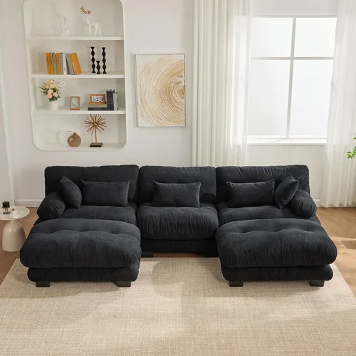 Vista 6 de Sofá modular en forma de U de 118 pulgadas con 2 otomanas, sofá de nube de terciopelo peletizado con almohadas de apoyabrazos de refuerzo, cómodo