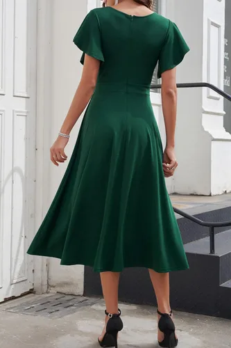 Vista 6 de PRETTYGARDEN - Vestido de verano para mujer, debajo de la rodilla, manga casquillo con volantes, cuello en V, acampanado, vestido de cóctel y fiesta