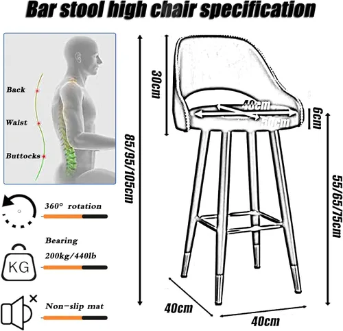 Vista 3 de LAJUU Taburetes de bar, silla alta giratoria, respaldo curvado de cuero, taburete de recepción con reposapiés de metal y patas de latón/naranja/25.6