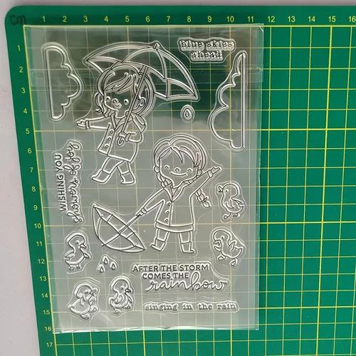 Vista 3 de Rainy Girl - Juego de sellos y troqueles transparentes para hacer tarjetas, plantillas cortadas para álbumes de recortes, álbum de fotos, papel