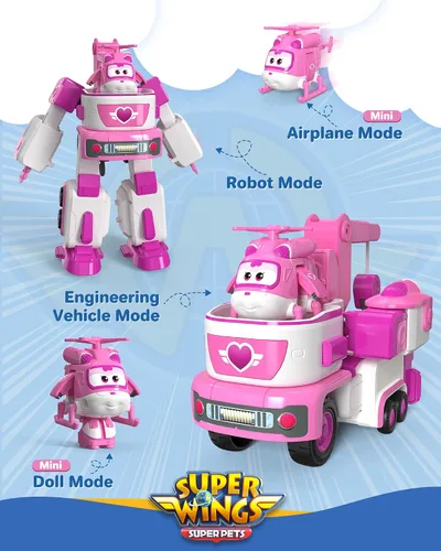 Vista 2 de Super Wings - Remolque de rescate de Dizzy's de 7 pies con mini figura rosa de Transform-a-Bot de 2 pies, juego de vehículos de juguete de avión