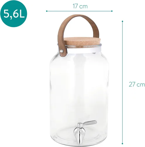 Vista 5 de Navaris Dispensador de bebidas con espita – Tarro de bebidas de vidrio de 1.5 galones (5.6L) con grifo de metal, tapa de corcho, asa, para bebidas
