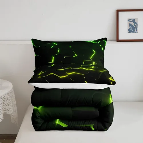 Vista 5 de Feelyou Juego de edredón de panal de abeja, juego de ropa de cama con estampado geométrico, juego de edredón acolchado con luces de neón amarillo