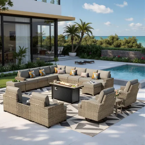 Vista 88 de HOOOWOOO Juego de muebles seccionales de patio con mesa de luz solar, 6 piezas de mimbre para exteriores, sofá en forma de L, juego de conversación