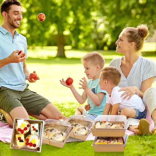 Vista 6 de Paquete de 50 cajas de papel para embutidos con tapas transparentes, recipientes cuadrados marrones de 4.3 pulgadas, cajas de postre de papel kraft