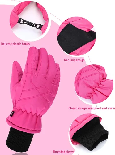 Vista 4 de 2 pares de guantes impermeables para niños, guantes de nieve cálidos para invierno, guantes de esquí para niños y niñas, resistentes al viento