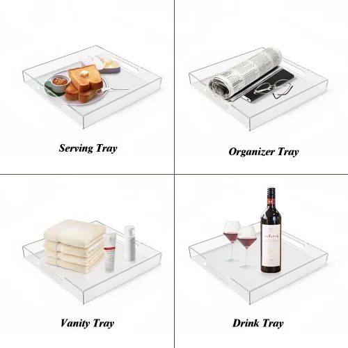 Vista 9 de Bandeja de acrílico para servir (12 x 12 x 2 pulgadas) con asas, a prueba de derrames, bandeja decorativa transparente para aperitivos, desayuno