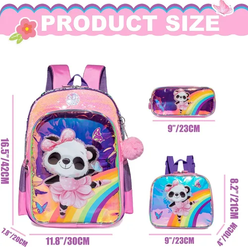 Vista 2 de Mochilas para niñas y niños, mochila escolar bonita para la escuela, mochila escolar ligera con lonchera, rosado (Pink Panda), Mochila