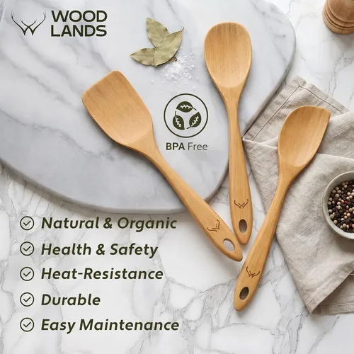 Vista 9 de Prime - Juego de 3 cucharas de madera de bambú para cocinar, utensilios de cocina de madera con mango largo, incluye cuchara plana de madera